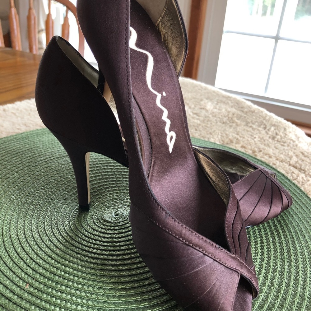 Nina Brown Satin Open Toe Pleated Heels